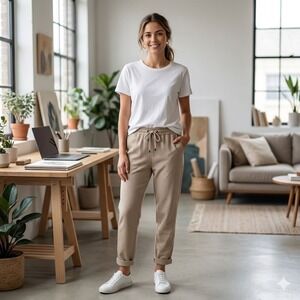 Zara Womens Textured Jogger Trousers Tan Beige Elastic Drawstring Pants Size M
